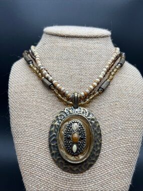 Southwestern Inspired Vintage Multi Strand Necklace Hammered Medallion Pendant